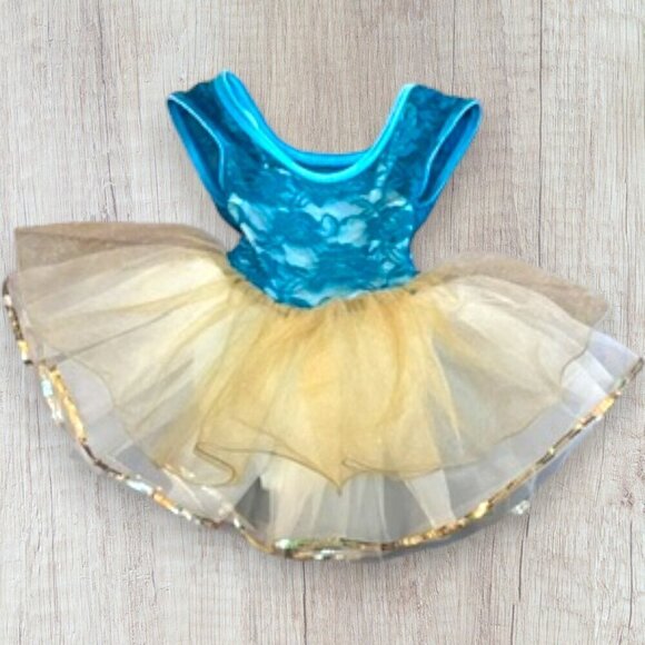 CURTAIN CALL Turquoise Aqua Velvet Lace Gold Tulle Dance Recital Costume CXS - Picture 2 of 6